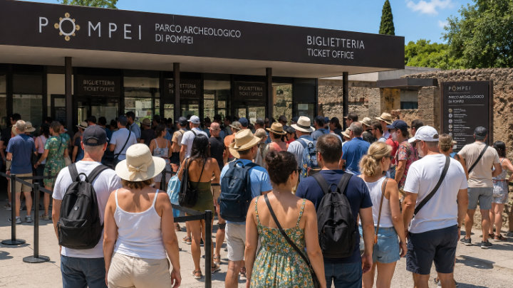 Biglietteria di Pompei con turisti in coda - Immagine generata con AI