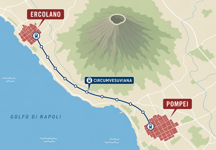 Il collegamento tra Pompei ed Ercolano via Circumvesuviana (EAV)