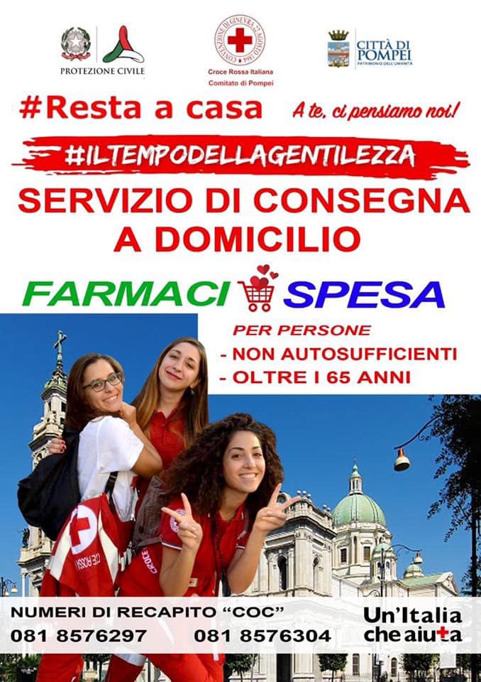 Il Comune di Pompei, in collaborazione con la Croce Rossa Italiana e le varie Associazioni di volontariato presenti sul territorio, sta intensificando il servizio di consegna di generi alimentari e farmaci presso le abitazioni delle famiglie in difficoltà.