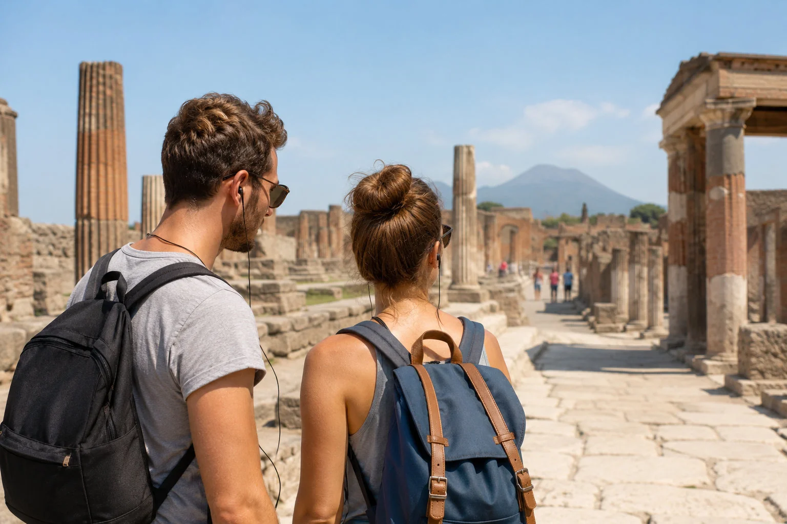 Coppia di turisti in visita agli scavi di Pompei con un audioguida