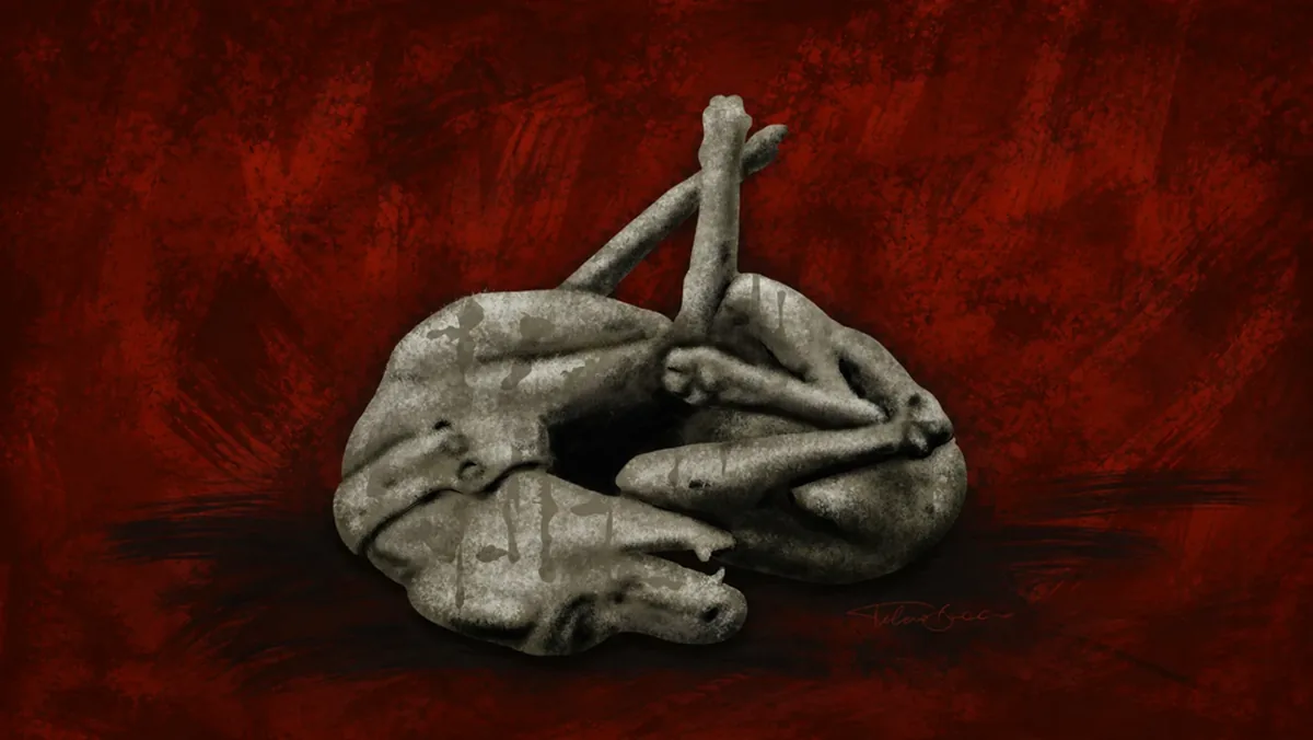 Cast of the Pompeii dog on a red background – artwork by Tiberio Gracco