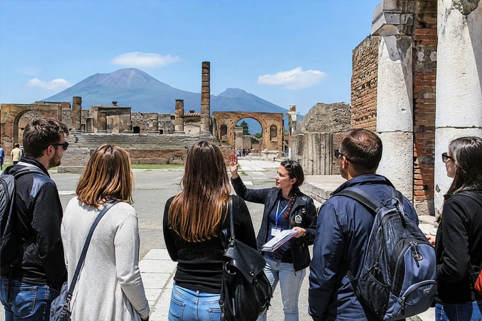 Gruppo di turisti durante una visita guidata in un ambiente ispirato agli scavi di Pompei