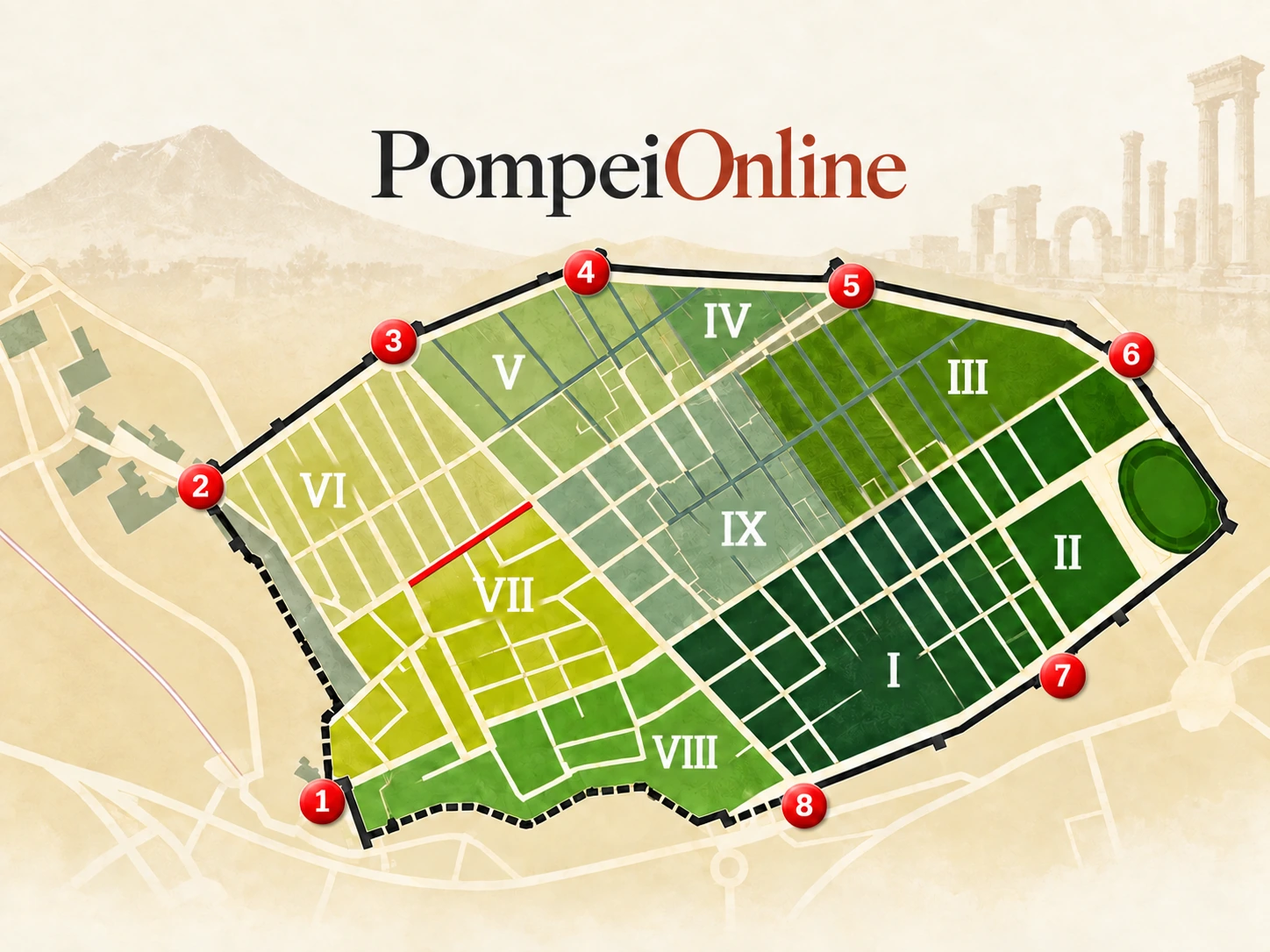 Pompei Online dal 1995 - mappa illustrata della città antica di Pompei