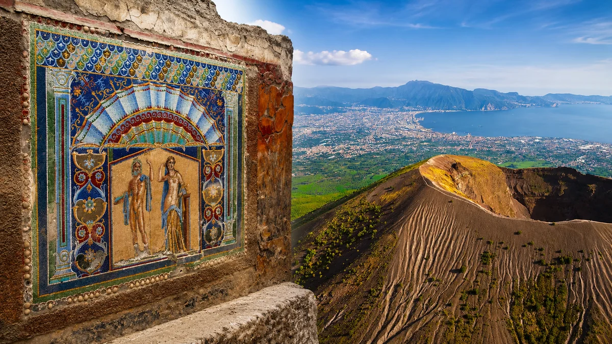 Mosaico di Ercolano e cratere del Vesuvio