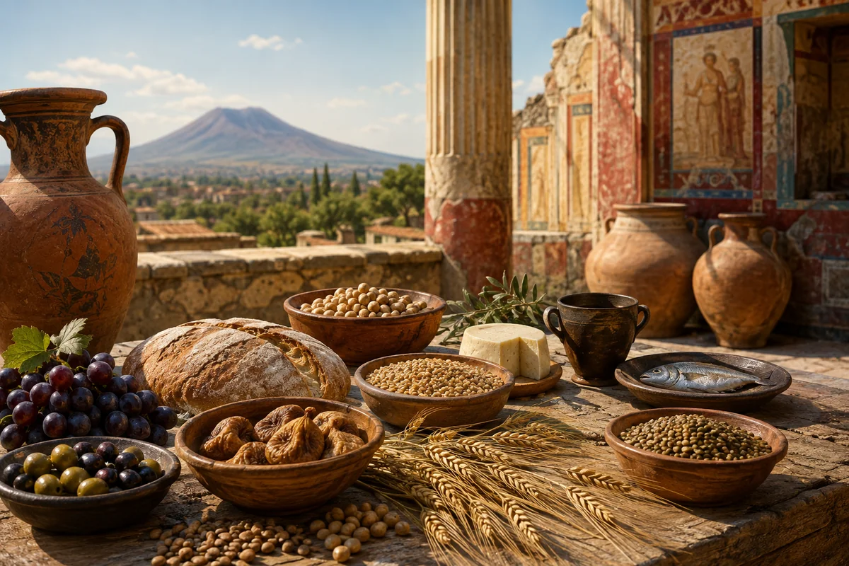 Foods of the Roman diet at Oplontis with bread, cereals, legumes, fruit and Mount Vesuvius in the background