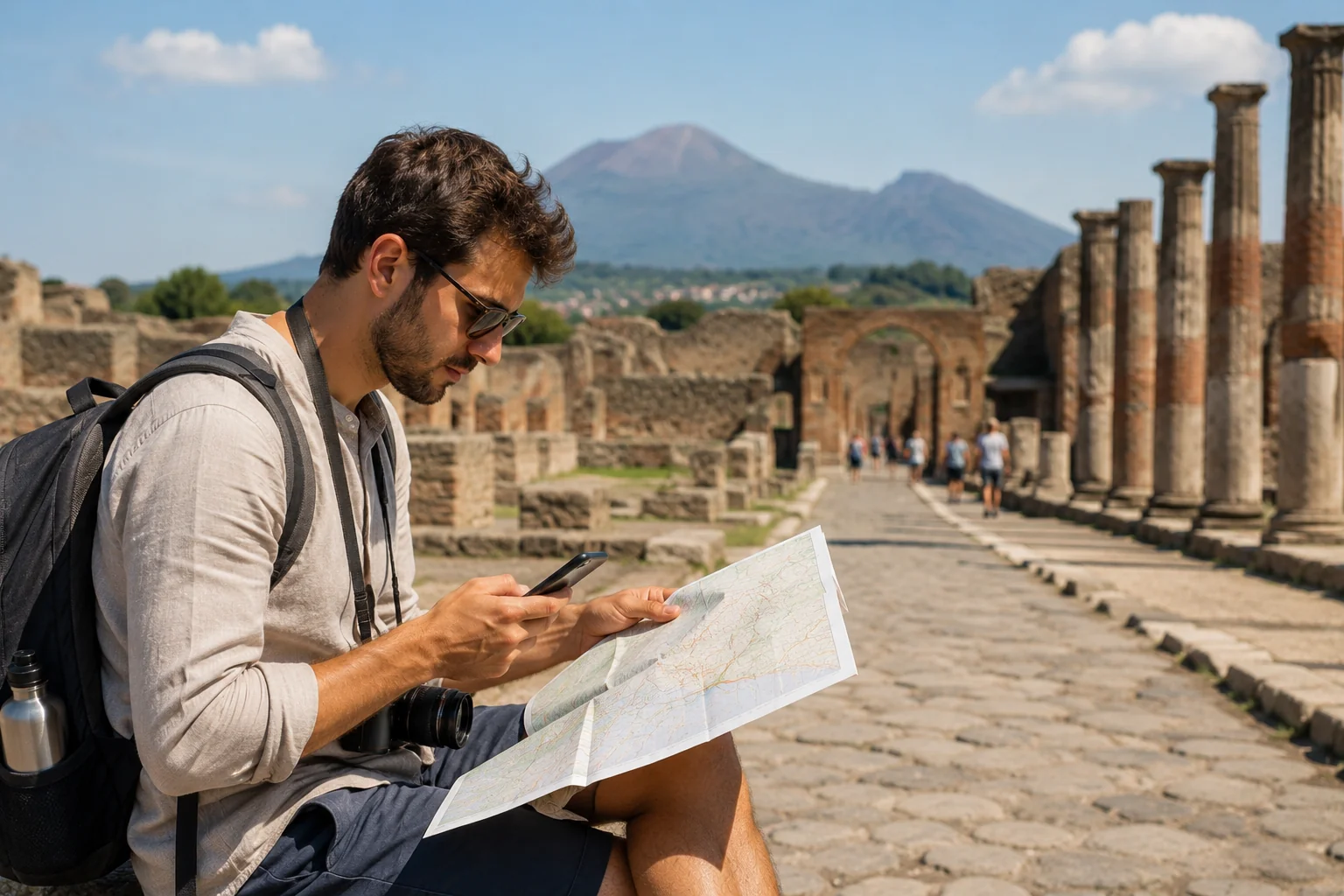 Tourist with a map and smartphone in an environment inspired by the archaeological site of Pompeii, with Mount Vesuvius in the background.