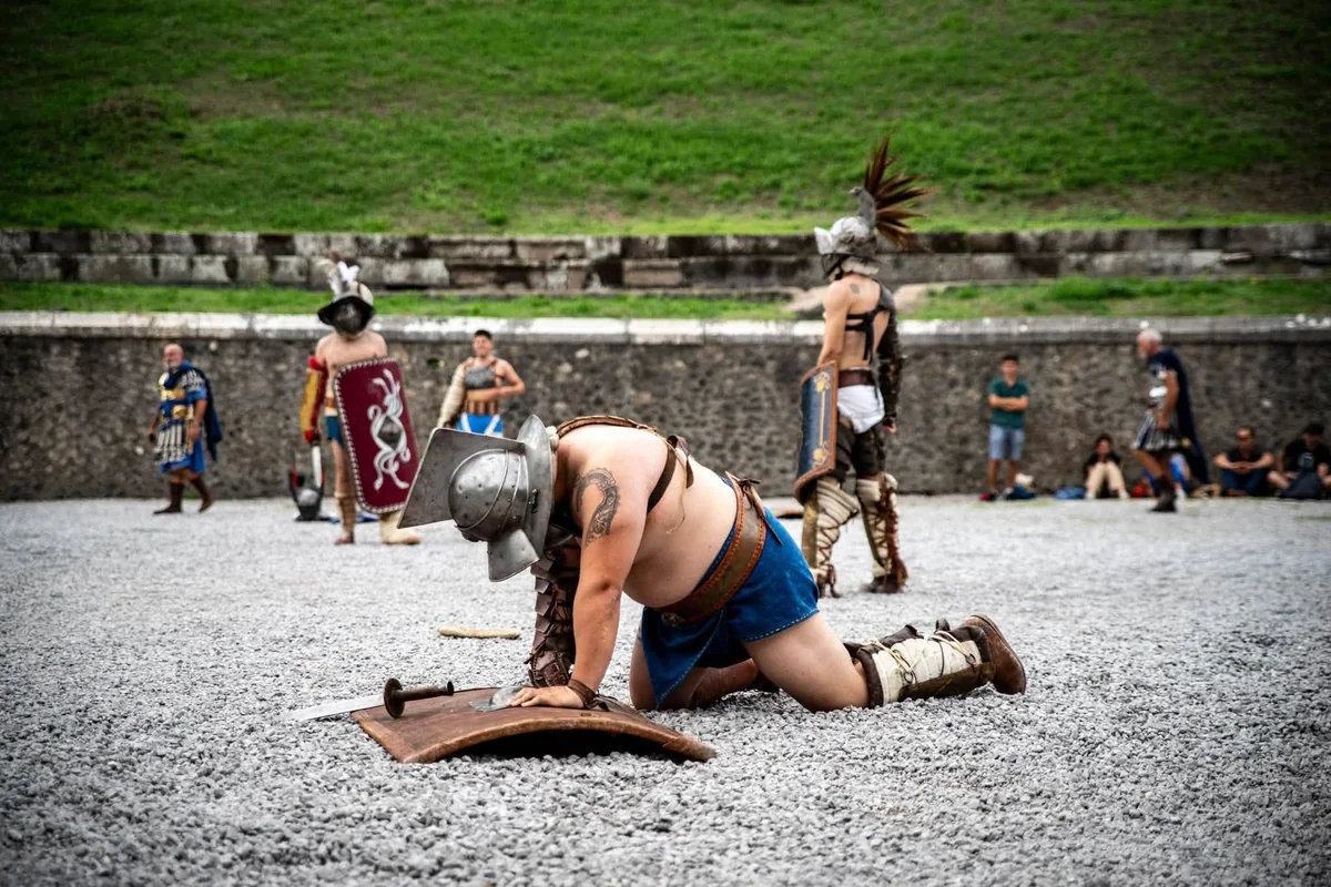 Gladiators in the Pompeii Amphitheatre during a historical re-enactment