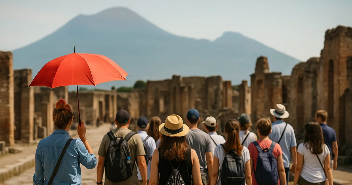 Gruppo di turisti durante una visita guidata a Pompei con il Vesuvio sullo sfondo