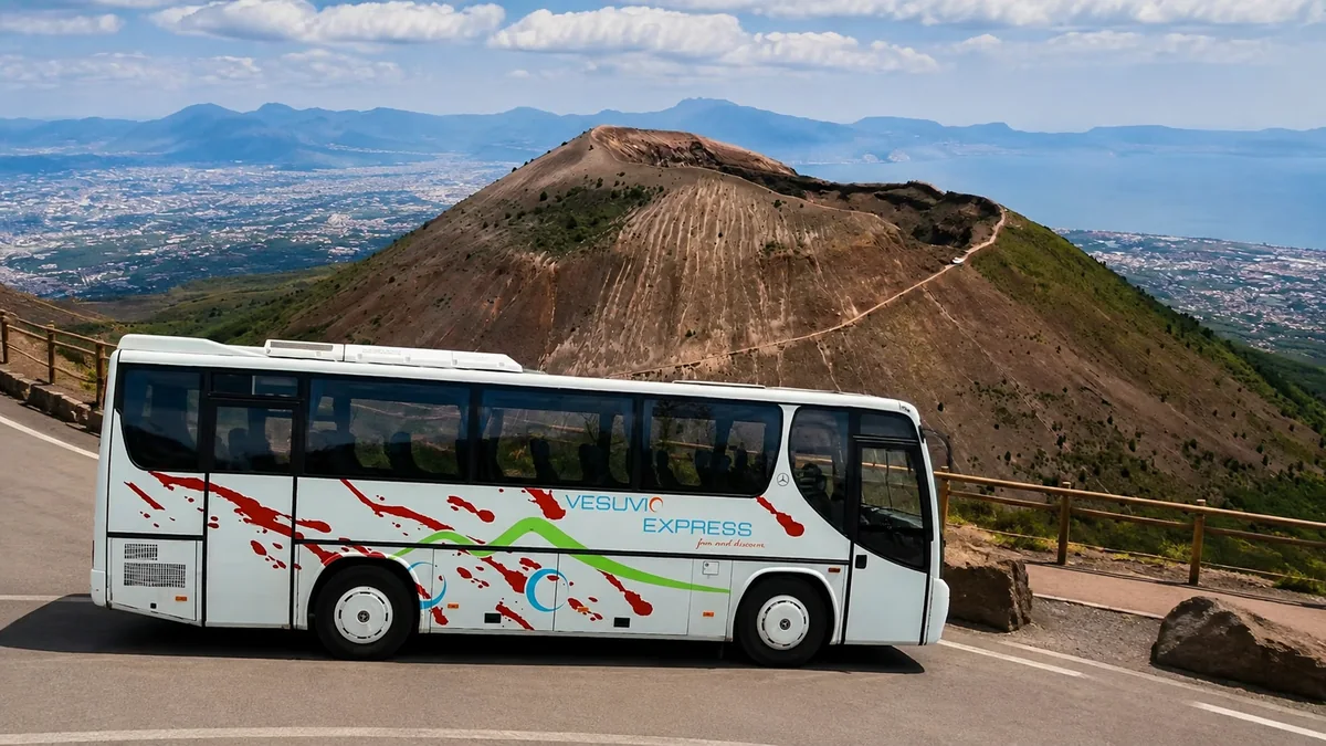 Vesuvio Express bus with the crater of Mount Vesuvius in the background