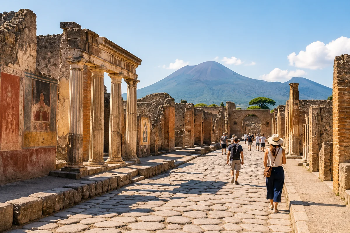 Visitors walking through the ancient streets of Pompeii with Mount Vesuvius in the background